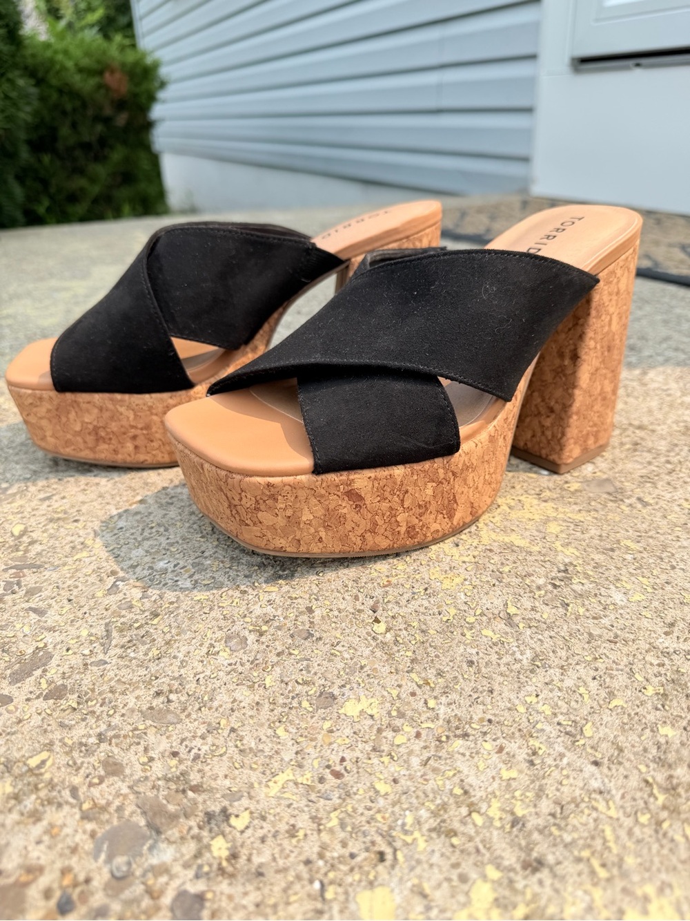 Platform Cork Block Heel Mules in Black